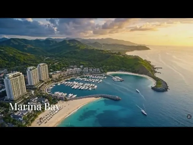 Aerial view of Marina Bay in Lombok with high-rise towers, a yacht marina and a curved sandy beach at sunset.