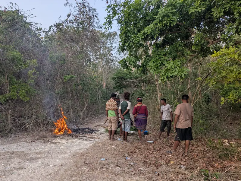 Sur la piste, autour du feu, le cochon sacrifié est découpé pour être partagé