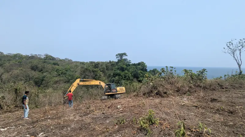 Une pelleteuse sur le terrain défriché de Kabisu, l’océan en arrière-plan