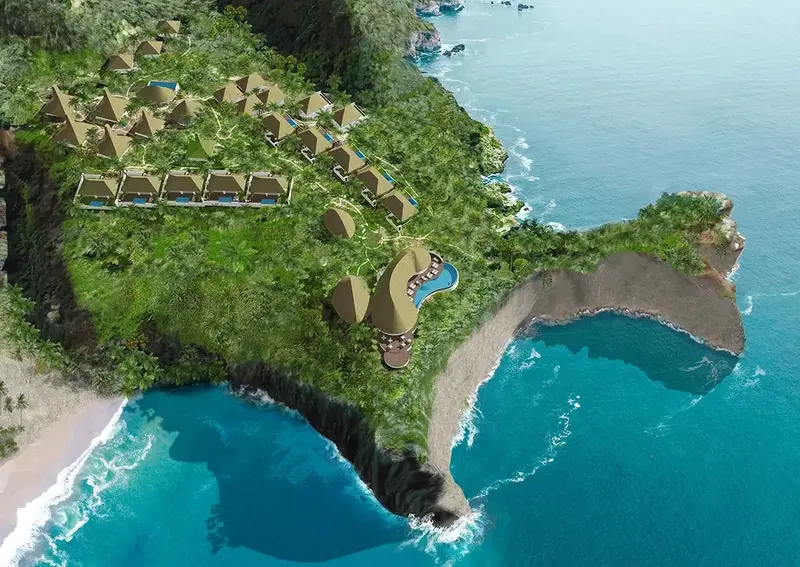 Vue aérienne du domaine Kabisu sur la côte de Sumba