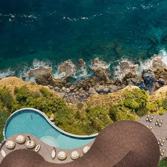 The Resort — aerial view of the clifftop lounge and infinity pool over the Indian Ocean
