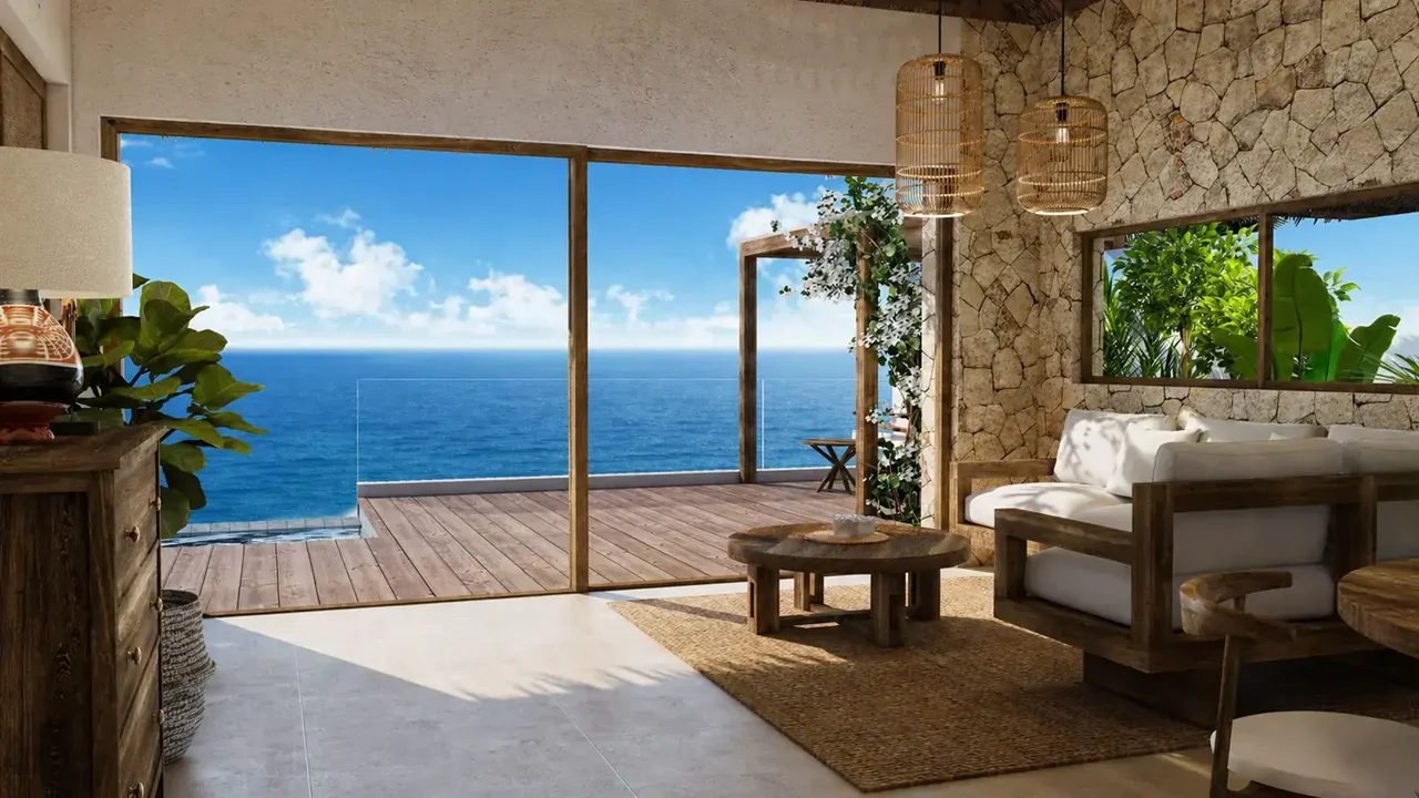 Kabisu villa in daylight, opening onto the Indian Ocean