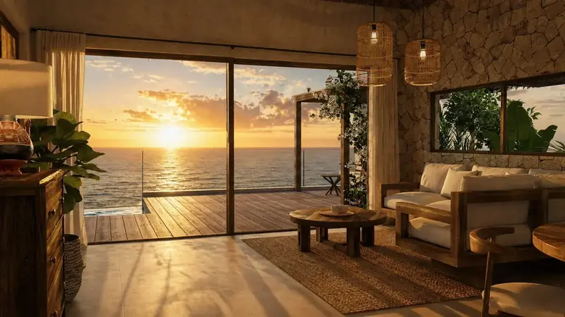 Kabisu villa living room opening onto the ocean at sunset