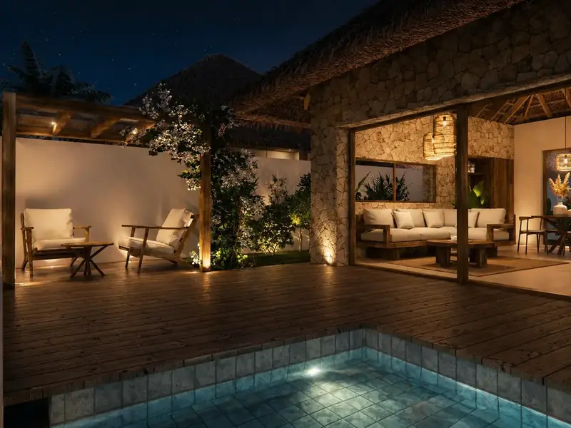 Kabisu villa interior at night